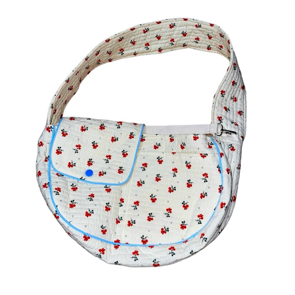 Quilted Floral Shoulder Bag Satchel Crossbody - Cream/Red - New